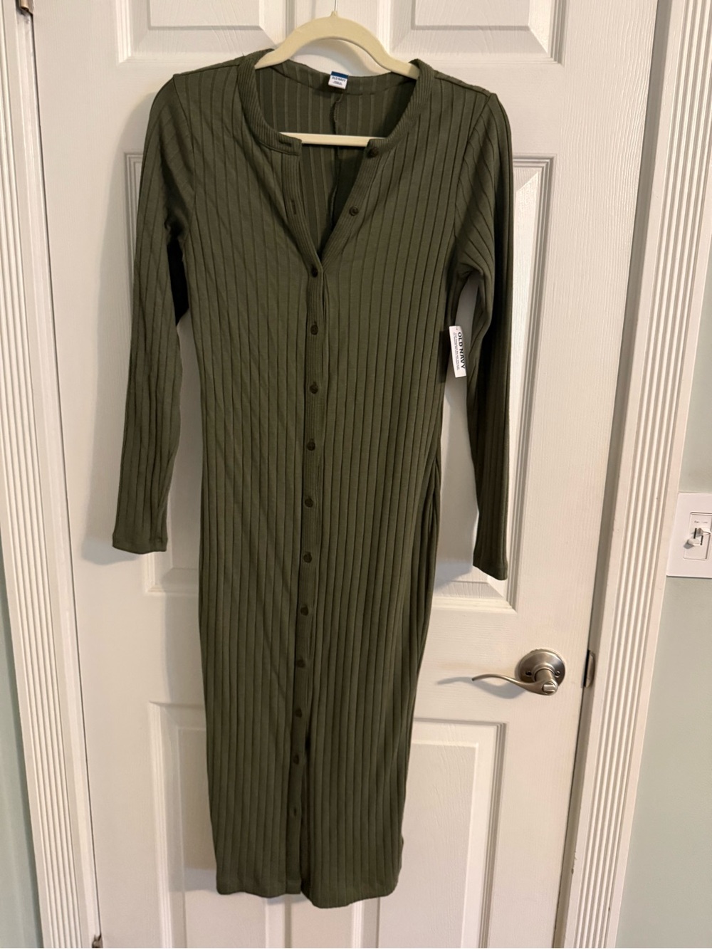 Old Navy Olive Green Ribbed Button-Front Long Sleeve Midi Dress